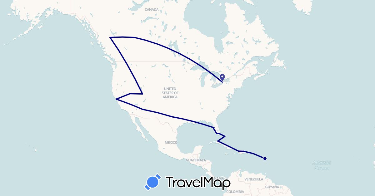TravelMap itinerary: driving in Bahamas, Canada, Cuba, Dominican Republic, France, Haiti, United States (Europe, North America)